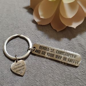 "Saint Christopher" Stainless steel keychain, Rectangle tag & heart cham